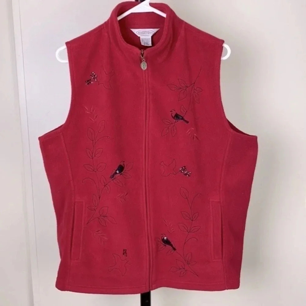 Vintage Red fleece bird sequin leaf Grandmacore vest  size extra large